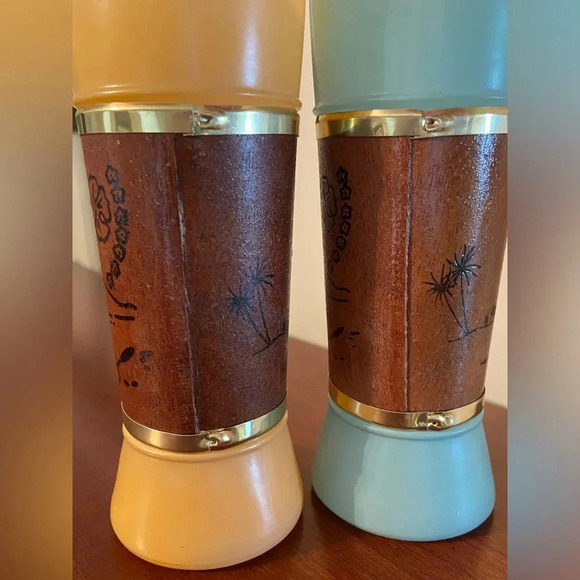 VINTAGE MCM SIESTA WARE TIKI BAR FROSTED GLASS SET 2 WOOD WRAP 60s Aqua & Mango - Picture 2 of 10